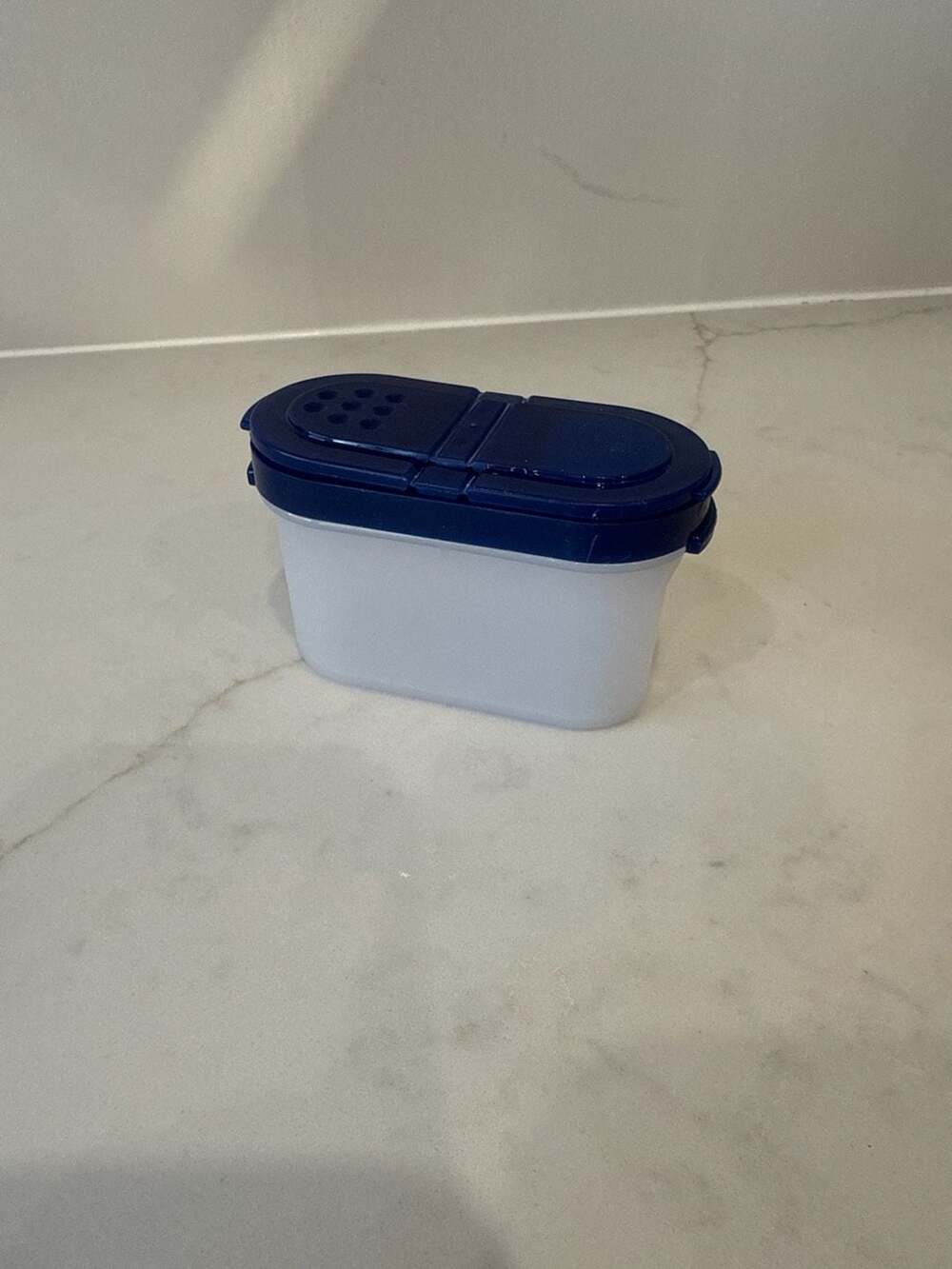 Tupperware Small Spice Shaker Container 1/2 Cup with Blue Dual Flip Lid